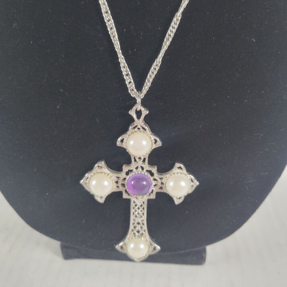 Vintage Sarah Coventry Religious Modest Silver Pearl Cross Chain 24" Necklace